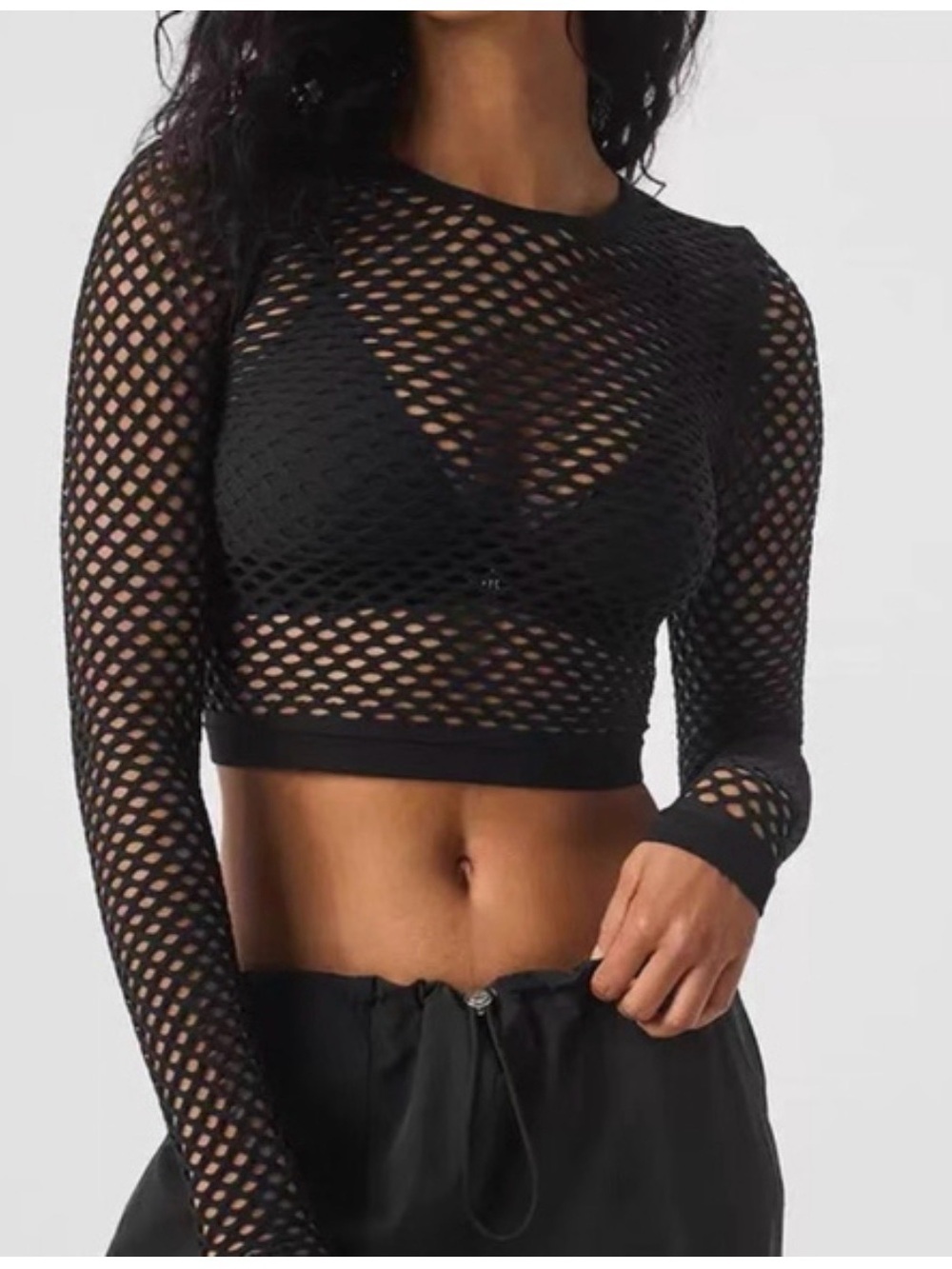 Alo Women's Black Mesh Cropped Long Sleeve Yoga Top, Round Neck, Size Large